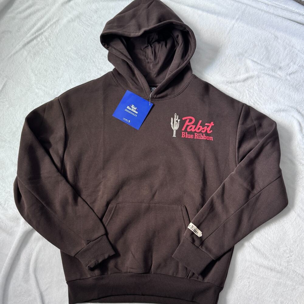 Pabst Blue Ribbon Hoodie Mens S Brown Graphic PBR Beer Merch Skull